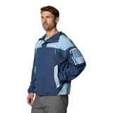 Campera cortavientos Columbia Challenger II color verde claro con bloques de color marrón en la parte superior y bolsillos.