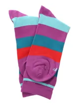 Calcetines largos a rayas horizontales de colores púrpura, turquesa, rojo, naranja y celeste. Marca RKF.