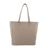 Bolso tipo tote color marrón con textura granulada, doble asa larga y detalle de tachas plateadas en los laterales.