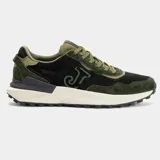 Championes Joma modelo Eldor, de estilo running/casual, en tonos verde militar y negro. Presentan una combinación de materiales como gamuza y malla, con un logo lateral en verde y una suela gruesa bicolor (crema y negra).