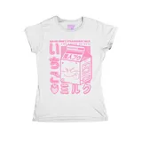 Remera blanca entallada de algodón con estampado de leche de frutilla inspirada en Majin Boo.