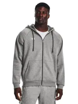 Campera Under Armour gris melange con cierre frontal, capucha con cordón de ajuste y logo bordado en el pecho.