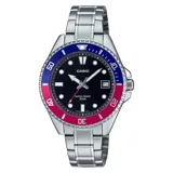 Reloj Casio plateado con bisel azul y rosa, caja de acero inoxidable y correa de eslabones.