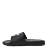 Chancletas negras con base blanca y logo de Umbro en la tira.