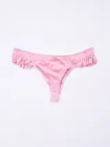 Colaless rosado de tejido acanalado, con detalle de lazo pequeño en el centro frontal y volados de tela en los laterales.