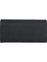 Billetera Tommy Hilfiger negra con textura granulada y logo metálico TH en la solapa.