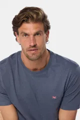 Remera celeste de manga corta con cuello redondo y bordado pequeño en el pecho. Corte clásico.