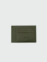 Tarjetero de cuero negro, con varias ranuras para tarjetas y diseño elegante.