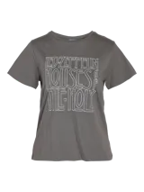 Remera gris con estampado frontal del logo de Led Zeppelin y el título del álbum 'Houses of the Holy' en color blanco.