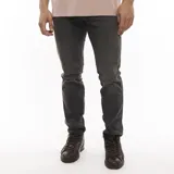 Pantalón de jean de corte slim, color gris oscuro, con bolsillos delanteros y traseros.