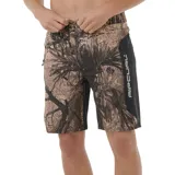 Short de baño Rip Curl Mirage Search con estampado de camuflaje en tonos marrones y negros. Panel lateral negro con logo Rip Curl en blanco.