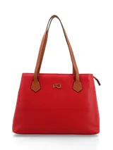 Cartera tipo tote de cuero color rojo con asas de cuero color marrón.