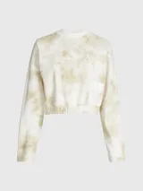 Buzo corto de algodón color blanco con estampado tie dye en tonos beige, cuello redondo, mangas largas, bajo elástico y parche con el monograma de Calvin Klein en el pecho.