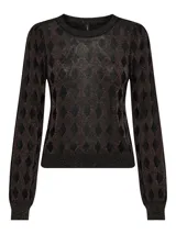 Sweater de punto negro con diseño de rombos y detalles dorados brillantes, cuello redondo y mangas largas abullonadas.