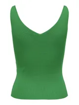 Top verde de punto acanalado con cuello en V, sin mangas y breteles anchos.