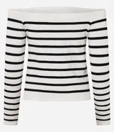 Blusa corta de manga larga con escote hombro a hombro y diseño a rayas horizontales blancas y negras.