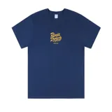 Remera azul con estampa amarilla con el texto "Rivvia Projects" y cinco estrellas.
