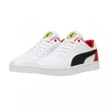 Championes Puma Ferrari Caven 2.0 de cuero sintético blanco con detalles en negro y rojo.