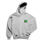 Canguro gris con capucha y bolsillo delantero tipo canguro. Estampado pequeño en el pecho con el personaje Reptar de Rugrats y texto en japonés.