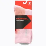 Calcetines negros con detalles en naranja y blanco, con el logo de Merrell en el lateral. Confeccionados con lana merino, nylon, acrílico, poliéster y spandex.