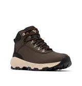 Botas de senderismo Columbia Newton Ridge Waterproof, color gris con detalles en negro y cordones en blanco y celeste. Fabricadas en cuero impermeable con tecnología Omni-Tech y suela de goma Omni-Grip.