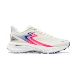Zapatillas de running en color blanco con detalles en fucsia y azul, diseñadas para entrenar con pronación neutra y con tecnología eco-amigable en la entresuela.