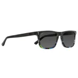 Lentes de sol rectangulares con marco negro y frente con diseño abstracto en tonos azul, verde y blanco.