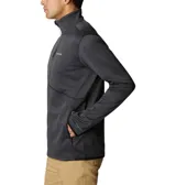 Campera polar Columbia Park View Fleece, color azul jaspeado, con cierre frontal completo, cuello alto, bolsillos laterales con cierre y bolsillo en el pecho con cierre vertical en color verde lima. Cuenta con tecnología Omni-Wick, puños elásticos con orificios para pulgares y protector de barbilla.