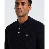 Sweater tipo polo de manga larga color azul marino, tejido de punto en algodón con trama zigzag y cuello con tapeta de botones.