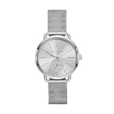 Reloj Michael Kors modelo Portia, con caja plateada de 37mm, esfera plateada minimalista con subdial pavé y malla metálica plateada.