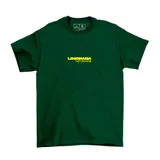 Remera verde con estampado en la espalda de un marco dorado con la frase "Limonada de Colección" en amarillo y blanco.