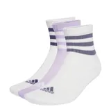 Pack de tres pares de medias Adidas de corte bajo, color blanco con tres tiras horizontales en el tobillo en color lila y violeta.