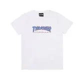 Remera blanca de manga corta con cuello redondo y logo Thrasher Magazine estampado en el pecho en color azul.