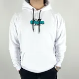 Canguro blanco oversize de algodón con felpa, con capucha y cordón ajustable. Estampa en la espalda con la frase "Stay Strong" en negro y turquesa, y texto inferior con la marca "Duxon Originals".