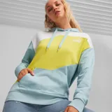 Hoodie Puma Power para mujer, color celeste con bloques de color blanco y amarillo. Logo de Puma estampado en el pecho.