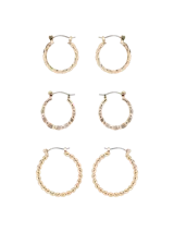 Set de tres pares de aros dorados con diseño de cordón torneado.