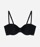 Soutien negro liso, modelo top sin tirantes, con relleno y detalle de puntilla en el borde superior.