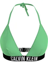 Top de bikini verde con tirantes finos y banda inferior elástica negra con el logo de Calvin Klein en blanco.