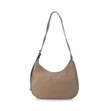 Cartera negra ovalada de simil cuero con cierre y correa ajustable con ojales. Cuenta con bolsillos internos y un bolsillo trasero.