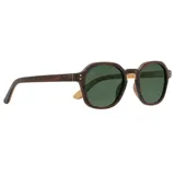 Lentes de sol con montura octogonal de madera color marrón oscuro y lentes verdes. Patillas de madera clara con el logo de la marca.