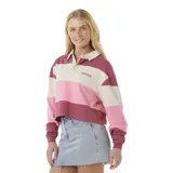 Buzo corto Rip Curl Keepsakes Rugby Top, con cuello tipo polo, manga larga y diseño a rayas horizontales en tonos rosa, borgoña y beige.
