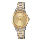 Reloj Casio para mujer modelo LTP1128G-9A, con caja plateada y bisel dorado, esfera dorada con agujas y marcadores de hora dorados, y brazalete de acero inoxidable plateado y dorado.