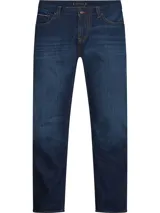 Jeans de corte recto confeccionados en tejido denim de algodón elástico azul oscuro. Presenta el parche con el logo de Tommy Hilfiger en la parte trasera.