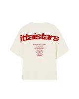 Remera color crema de corte holgado con estampado en rojo en la espalda con el texto "Ittaistars European Tour by Ittai Stars Company".