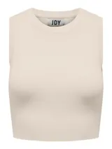 Top corto de tejido de punto color beige, con cuello redondo y sin mangas.
