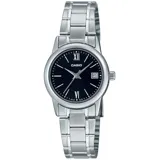 Reloj Casio modelo LTPV002D-1B3UDF para mujer, con caja y pulsera de acero inoxidable color plateado, esfera negra con números romanos y agujas plateadas, y pantalla de fecha. Resistente al agua hasta 30 metros.