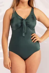 Malla entera color bordó con escote en V y nudo en el centro, confeccionada con tela LYCRA® XTRA LIFE™.