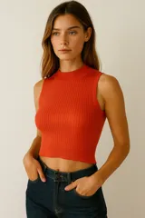 Top cropped de viscosa color naranja, de punto canalé, al cuerpo y cuello alto.