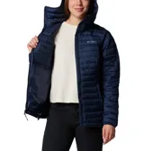 Campera puffer Columbia Silver Falls II Hood para mujer, color azul marino, con capucha y cierre frontal. Cuenta con tecnología Omni-Shield que repele la humedad y Thermarator que mantiene el calor.