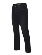 Pantalón de jean azul oscuro, corte recto, con bolsillos delanteros y traseros.